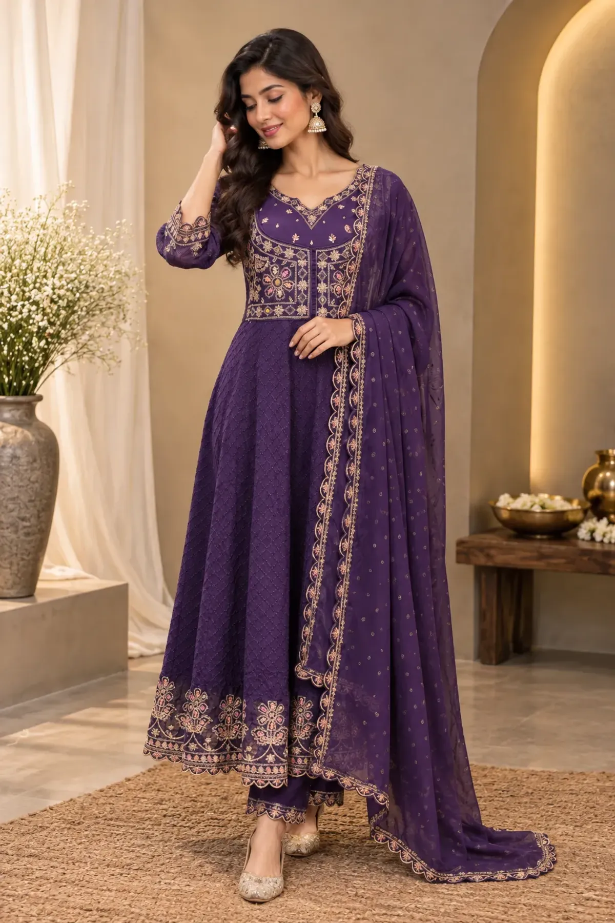 Royal Purple Embroidered Anarkali Suit with Dupatta