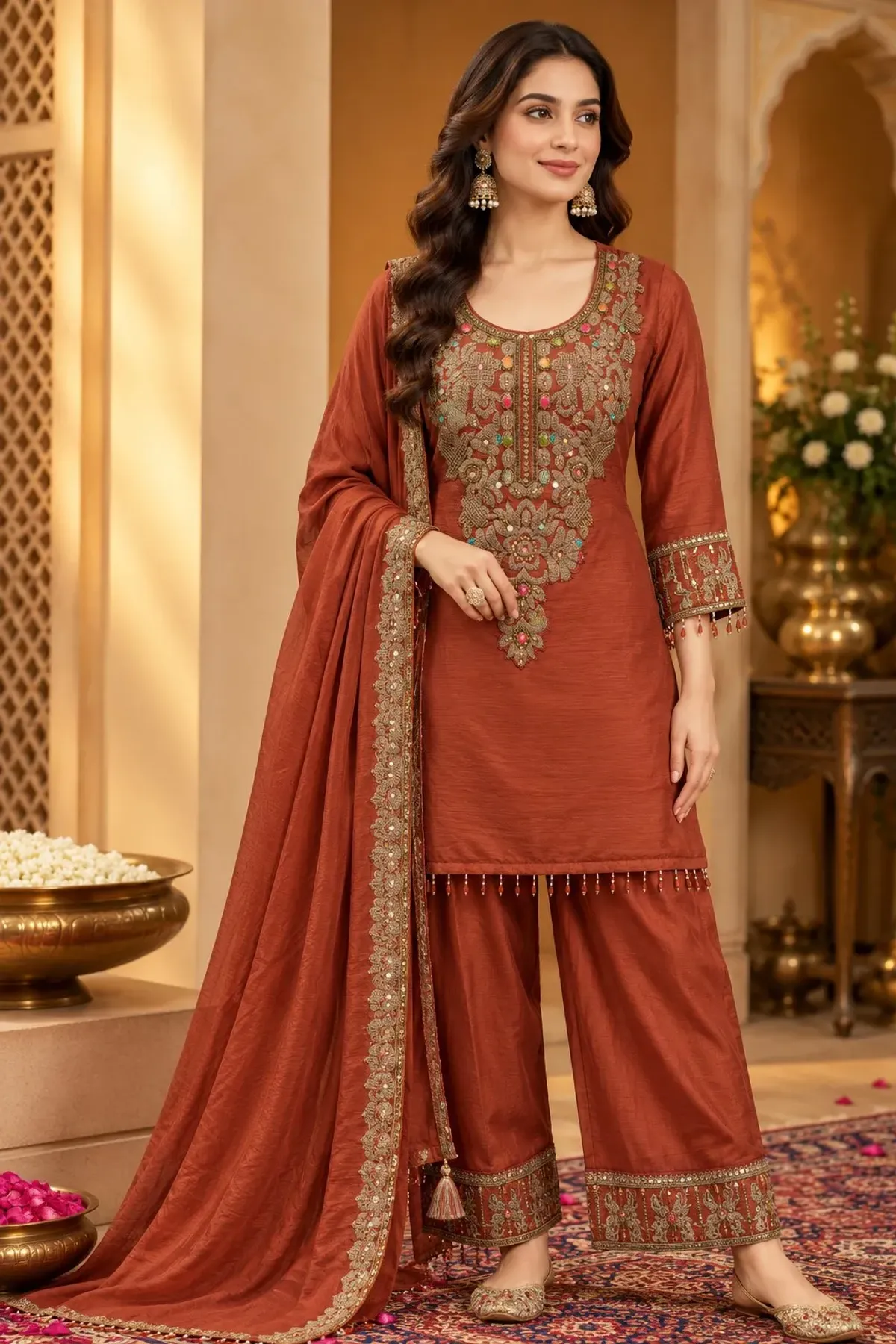 Rust Brown Embroidered Salwar Suit Set with Matching Dupatta