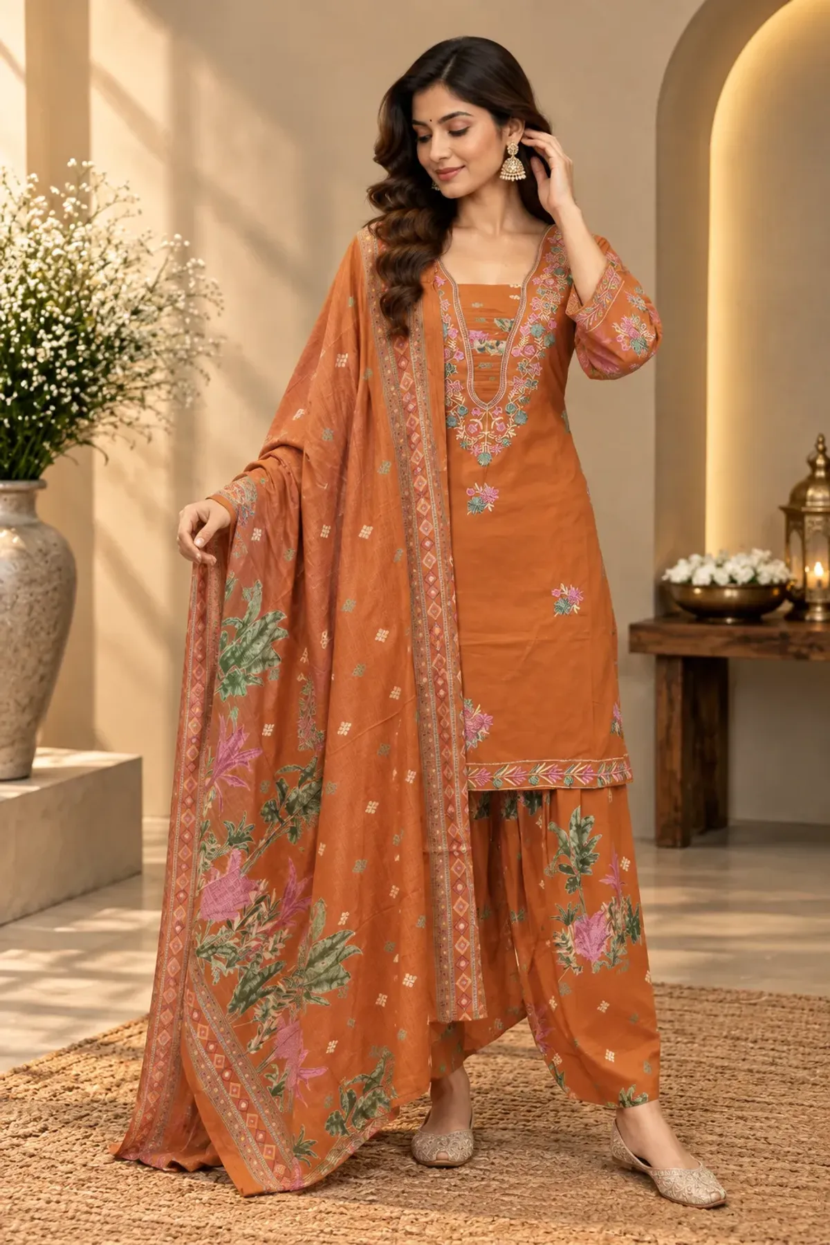 Rust Orange Floral Printed & Embroidered Straight Kurta Set with Dupatta
