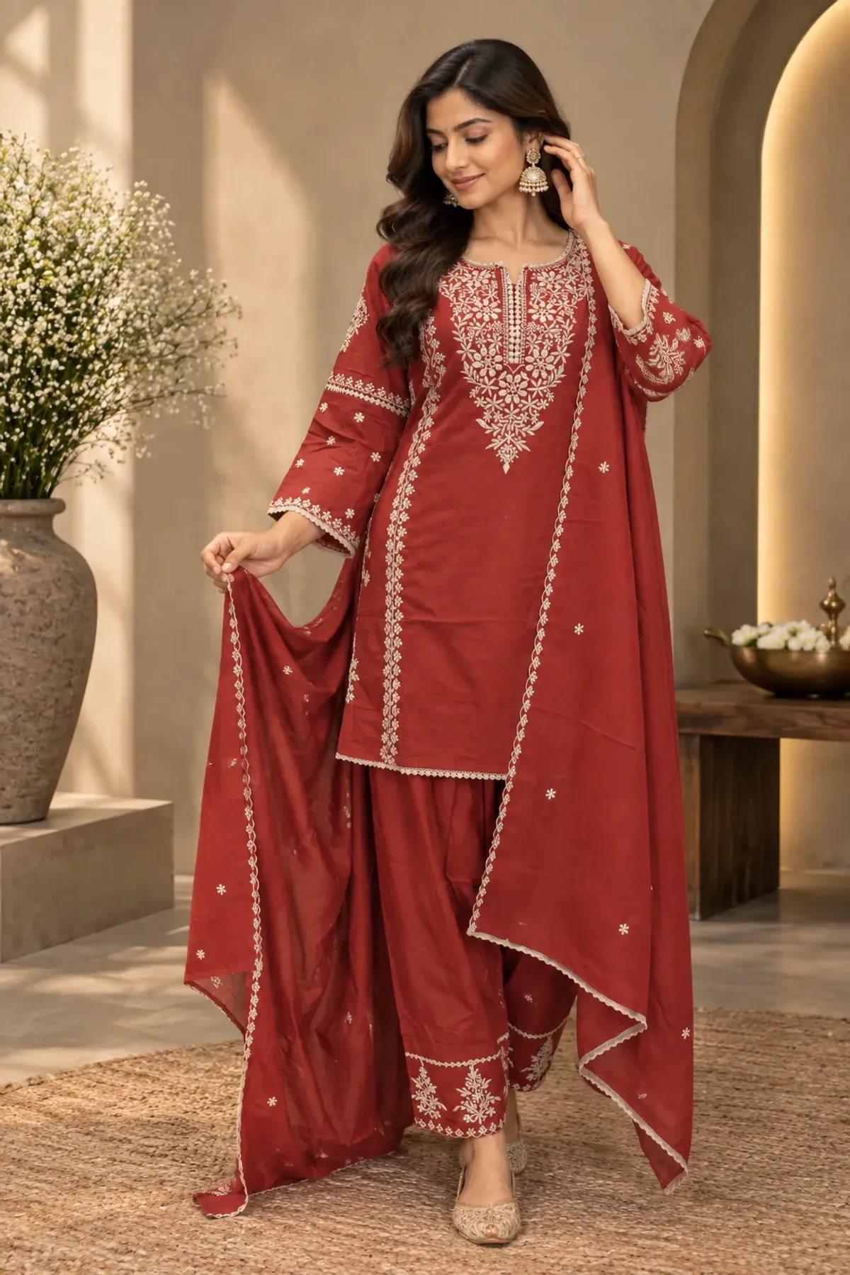 Rust Red Embroidered Kurta Salwar Set with Dupatta