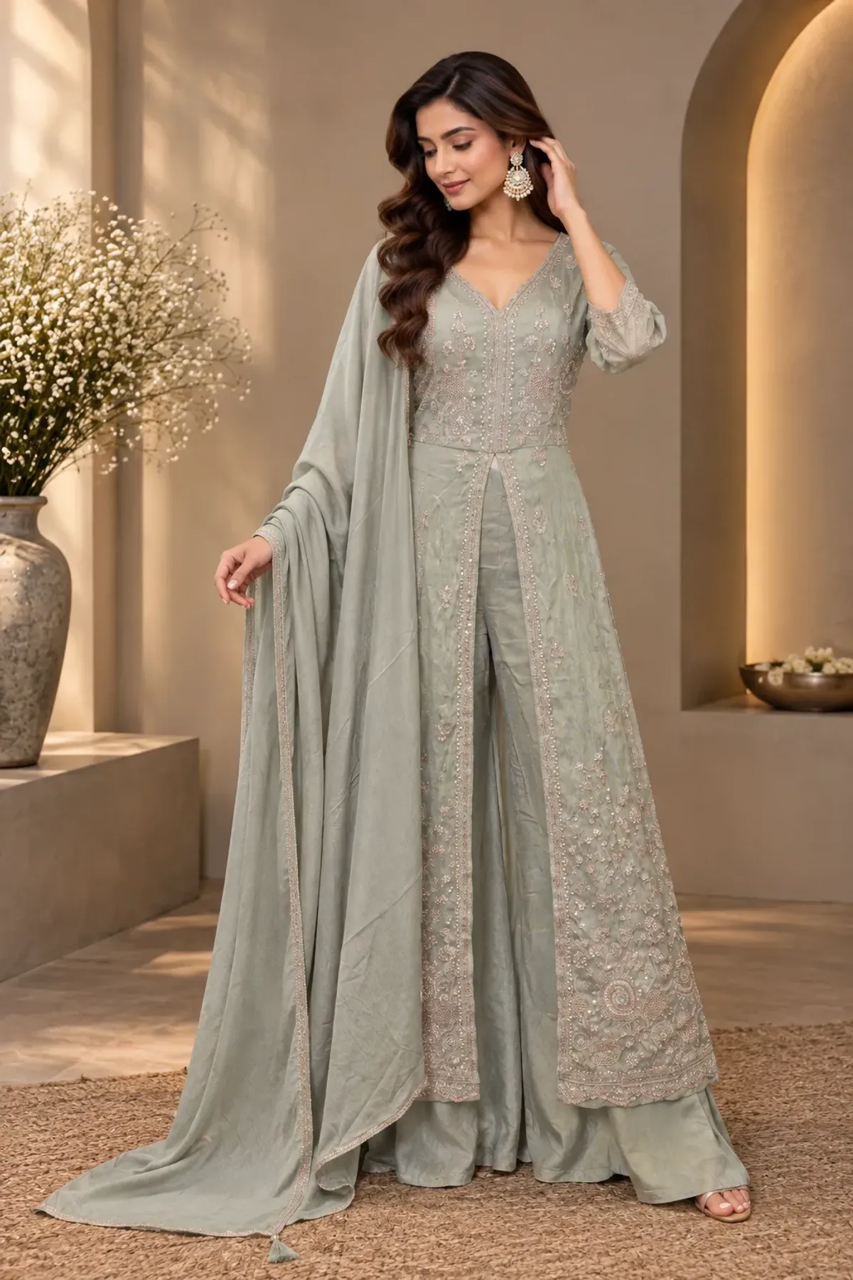 Sage Green Embroidered Kurta Palazzo Set with Dupatta
