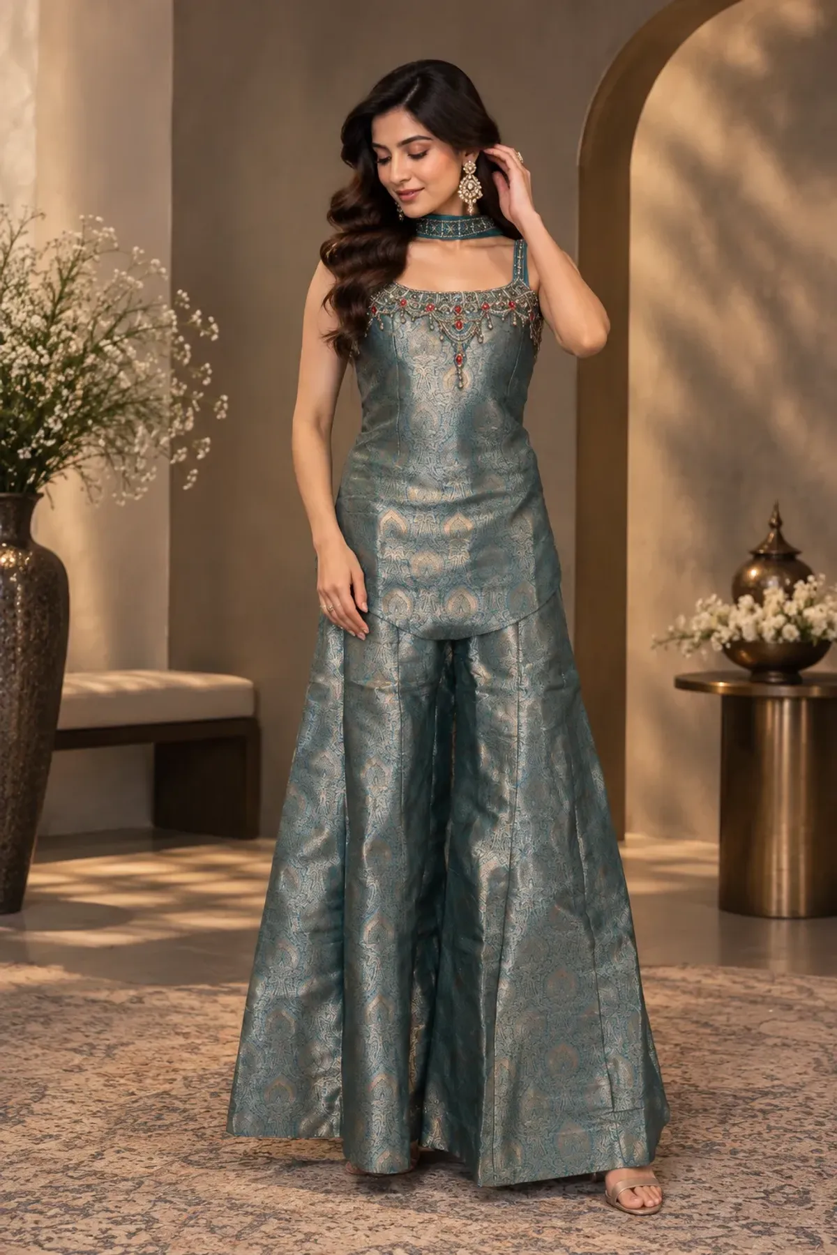 Teal Blue Brocade Peplum Top with Flared Palazzo Pants