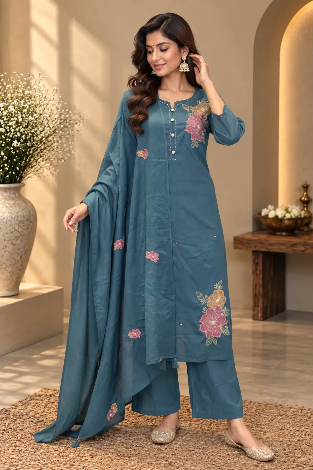 Teal Blue Floral Embroidered Straight Kurta Set with Dupatta
