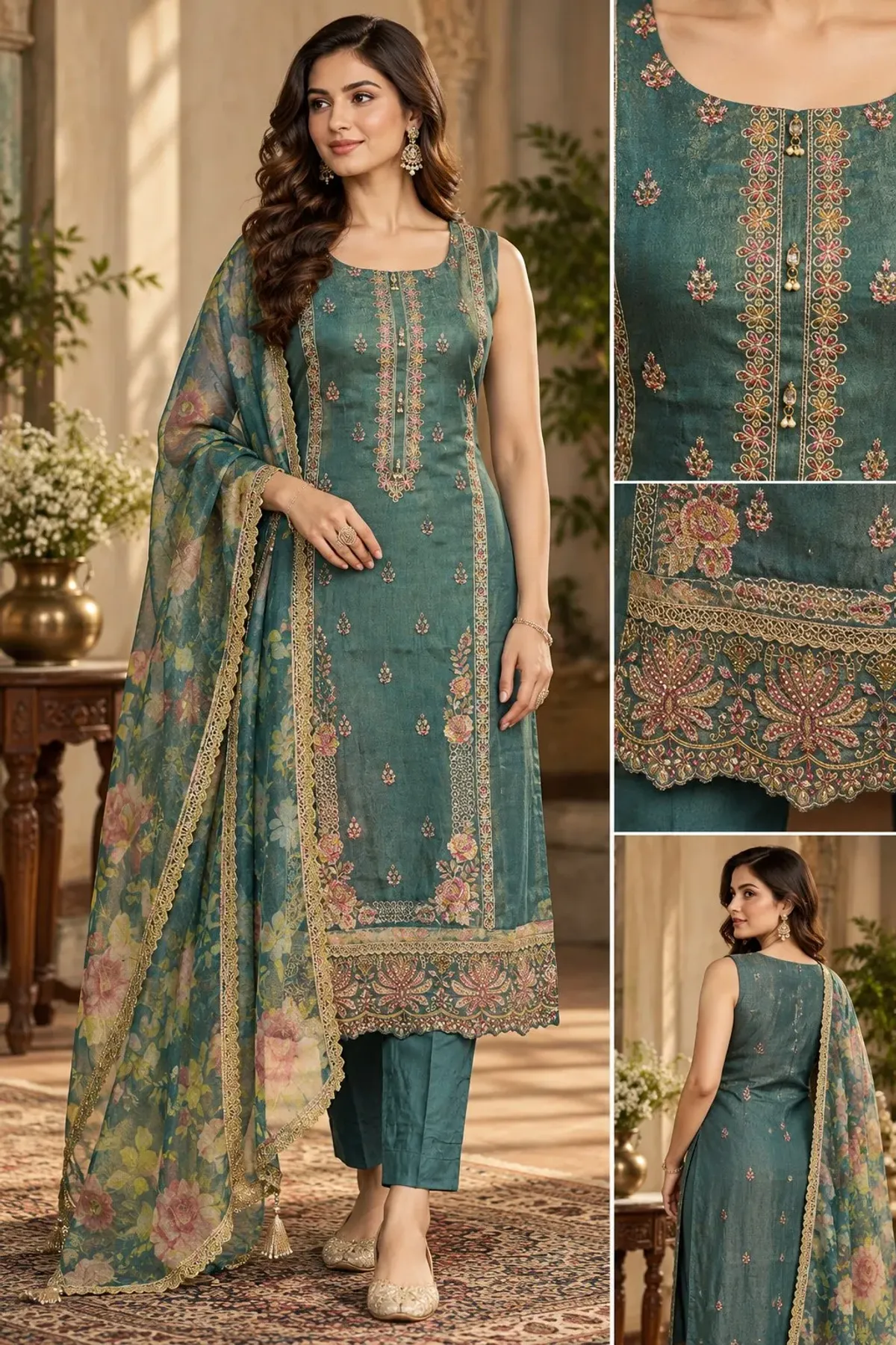Teal Green Embroidered Festive Kurta Set with Floral Dupatta
