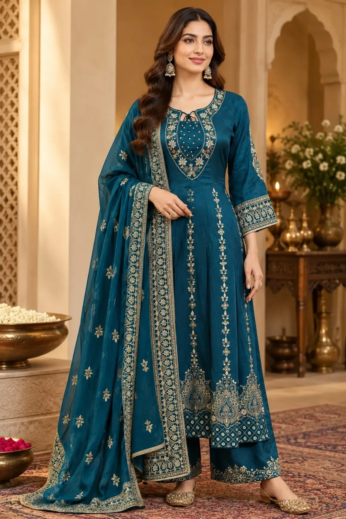 Teal Blue Gold Embroidered Anarkali Suit Set with Dupatta