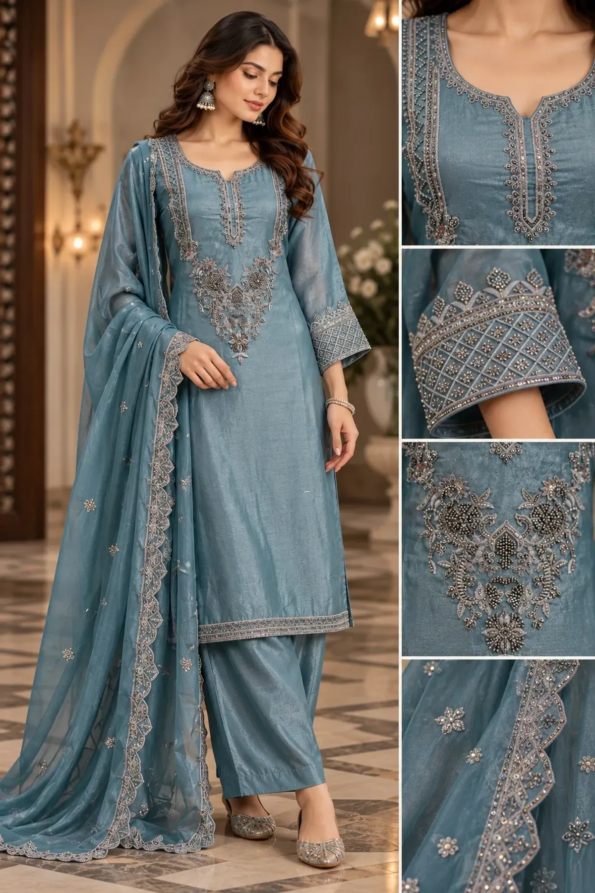 Teal Blue Embroidered Suit Set with Dupatta